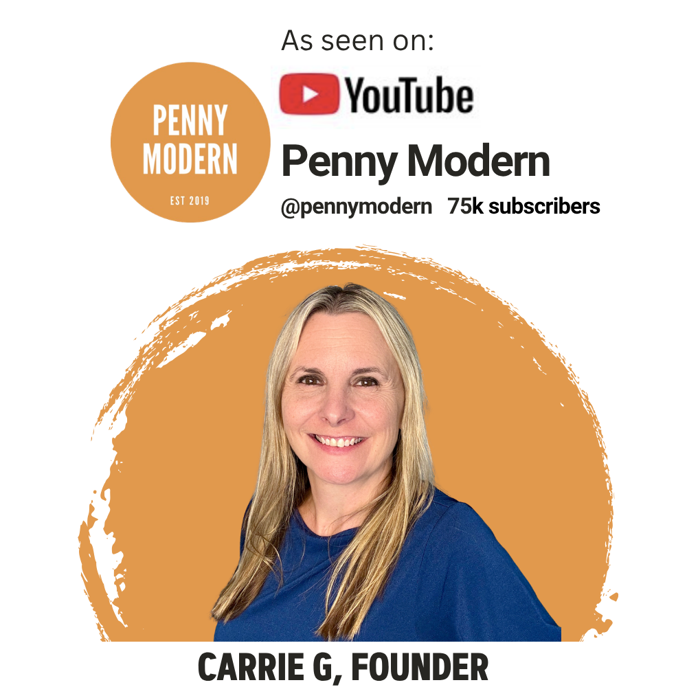 Carrie G, founder of Penny Modern, as seen on the Penny Modern YouTube channel with 75k subscribers