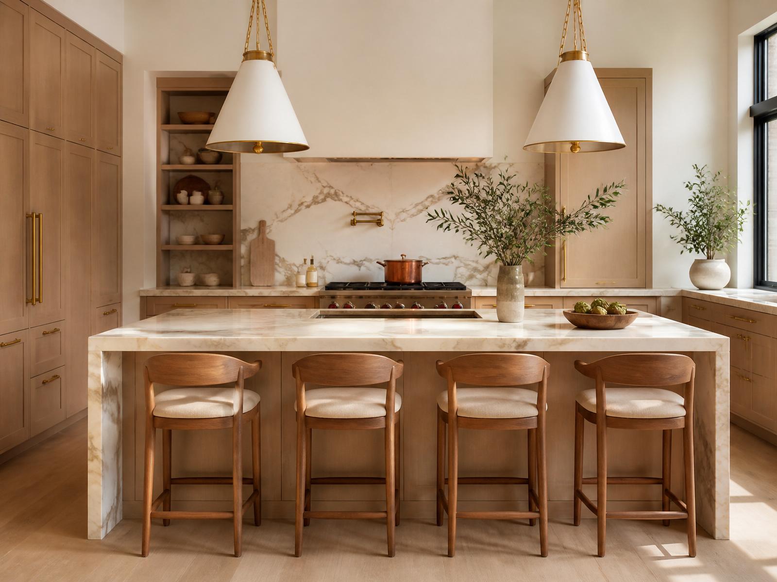 Warm modern kitchen with wood cabinets and marble countertop