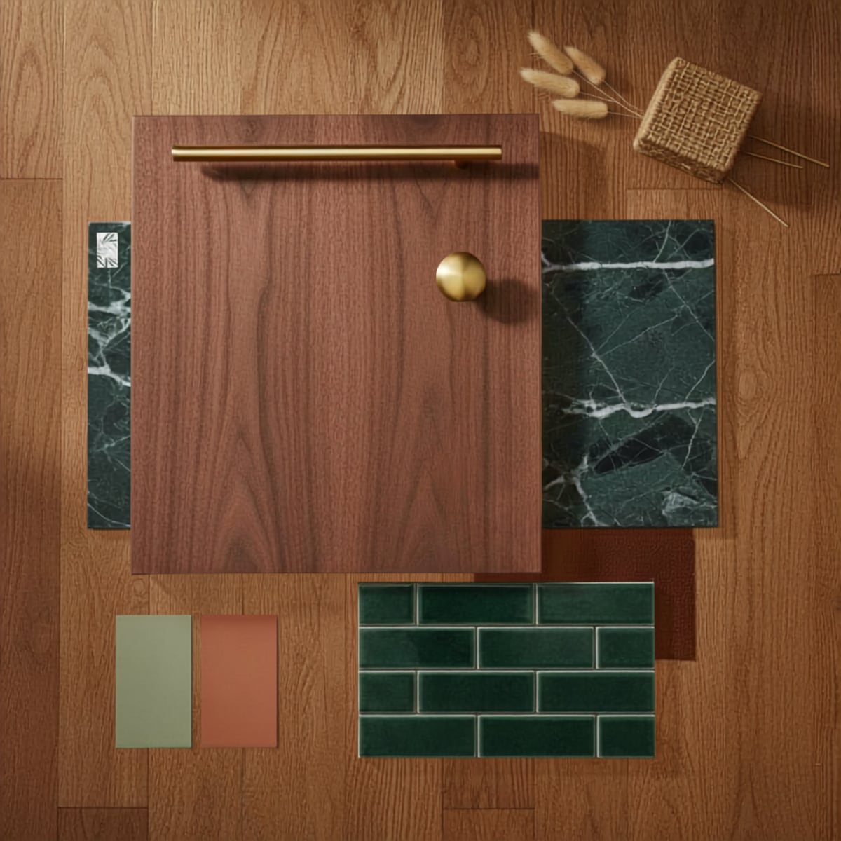 Kitchen moodboard created by Penny: walnut cabinet door, brass hardware, deep green marble countertop, emerald green subway tile and oak flooring