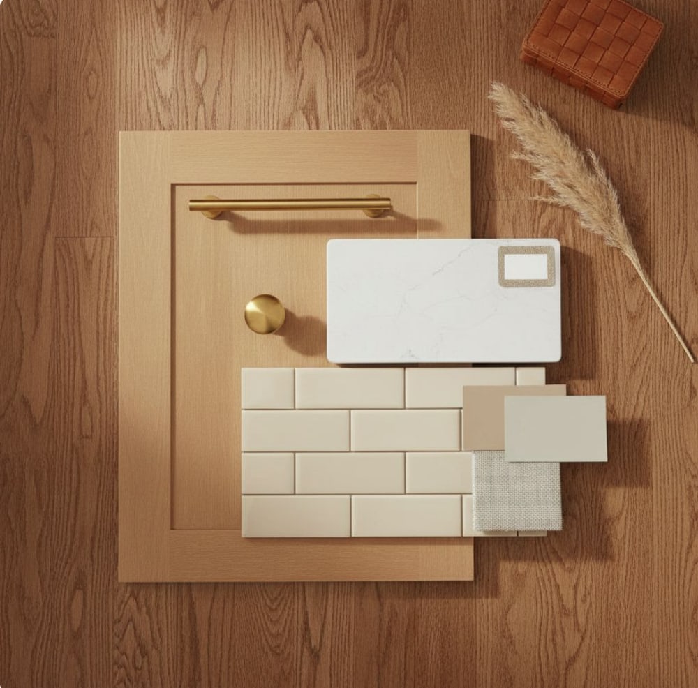 A kitchen moodboard by Penny: natural maple Shaker cabinet door, brushed brass hardware, soft white quartz, cream subway tile and paint swatches