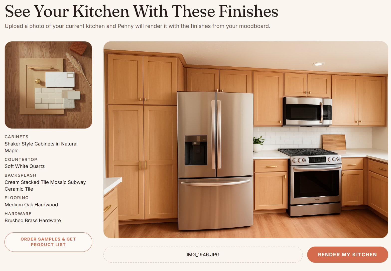 Penny's rendering page showing a real kitchen photo redesigned with the moodboard's finishes, beside the list of chosen materials